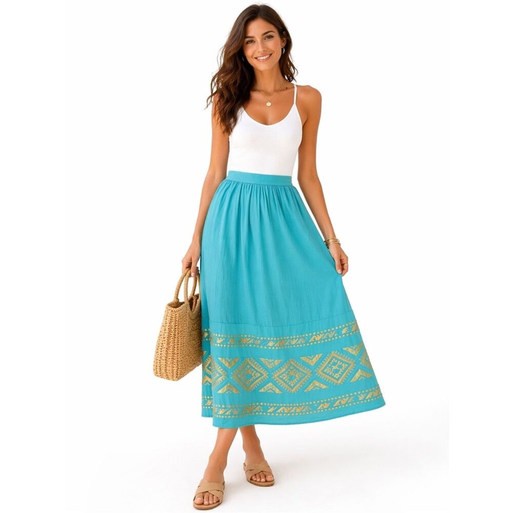 ✨ Haris Cotton Linen Skirt L Turquoise Gold Embroidered Greece Boho